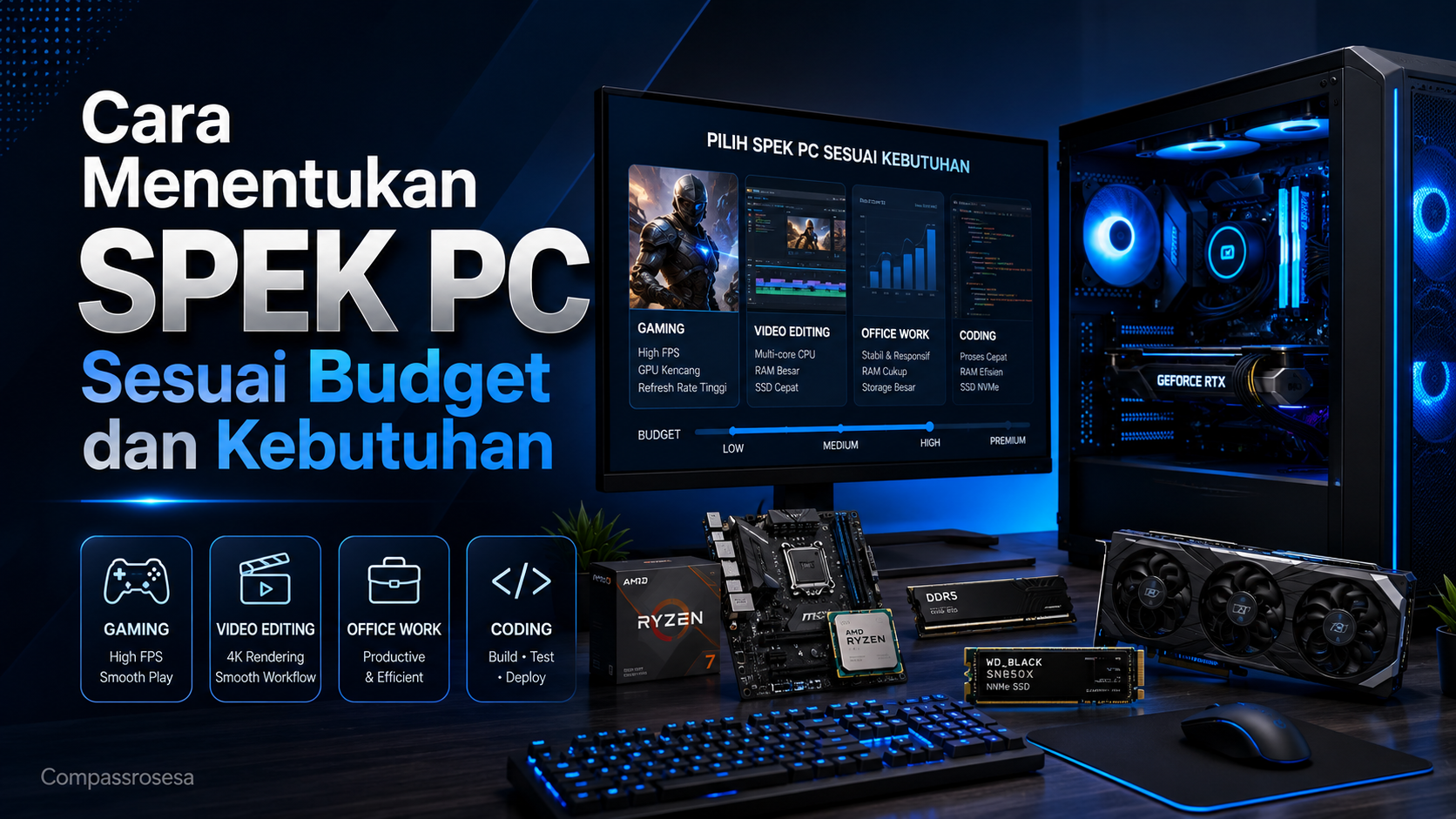 Cara menentukan spek PC sesuai budget dan kebutuhan untuk gaming, editing, kerja, dan coding.