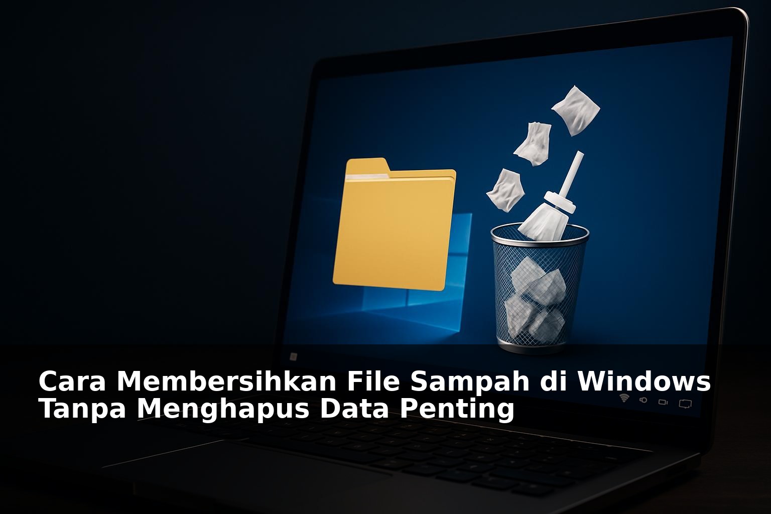 Ilustrasi membersihkan file sampah di Windows dengan komputer dan ikon folder