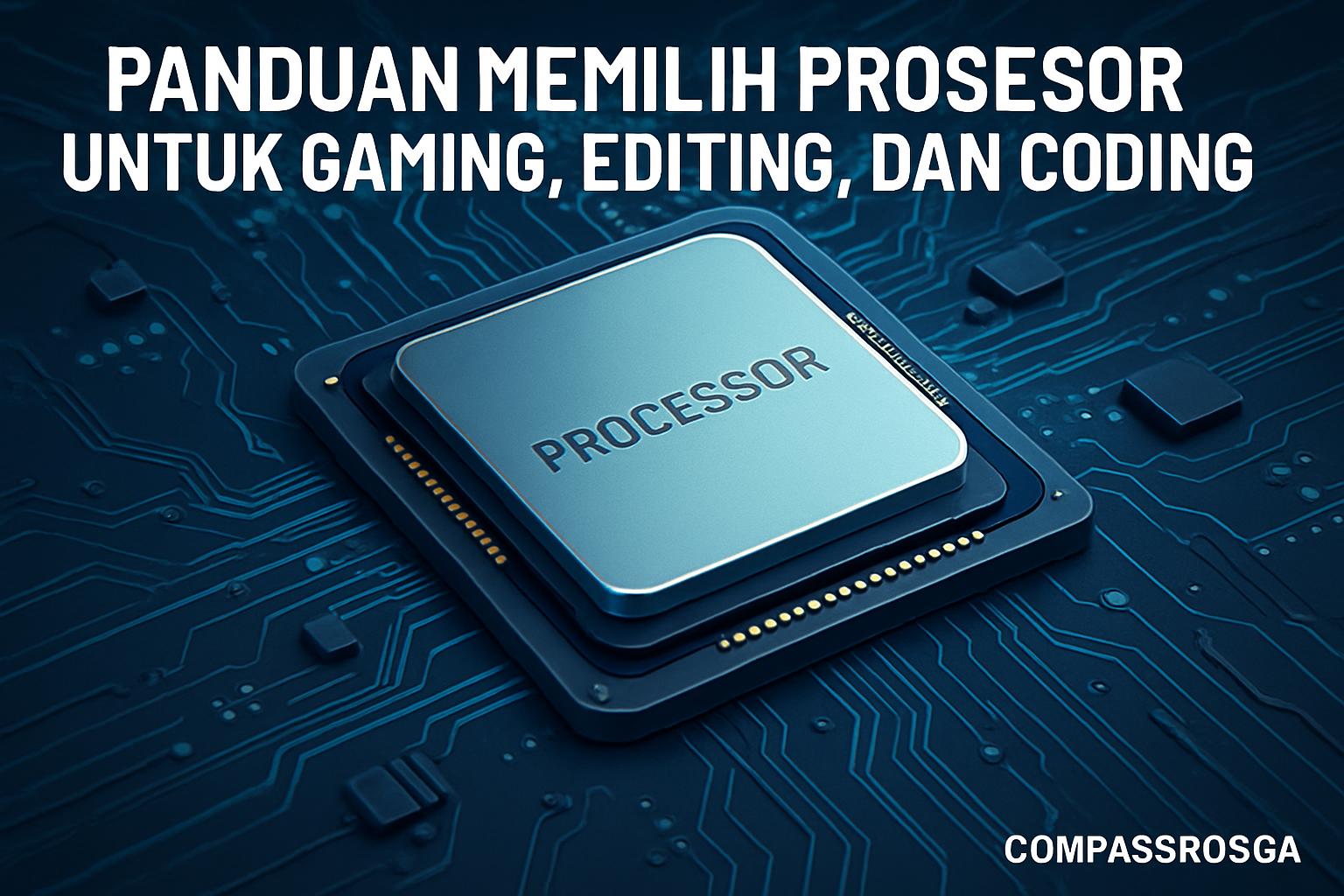 Gambar ilustrasi prosesor dengan teks Panduan Memilih Prosesor untuk Gaming, Editing, dan Coding