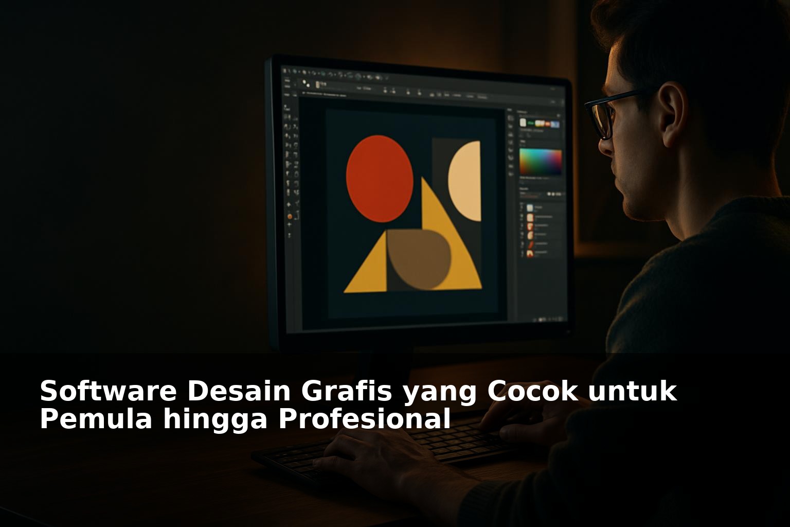 Ilustrasi penggunaan software desain grafis oleh pemula dan profesional di layar komputer