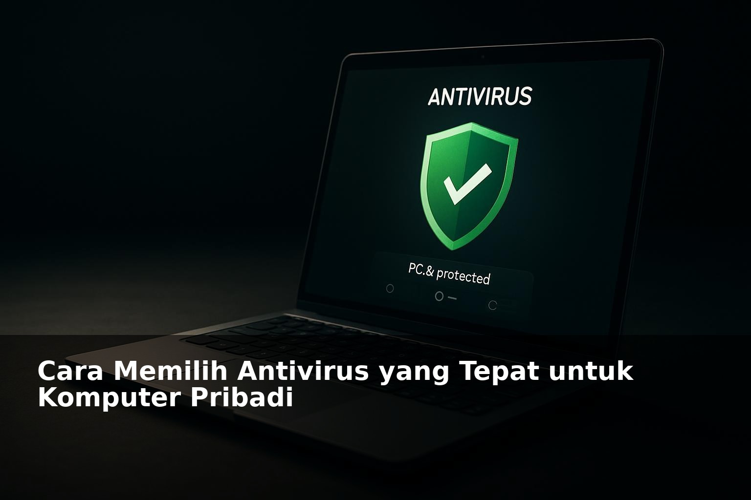 Ilustrasi keamanan komputer dengan antivirus pada layar laptop modern