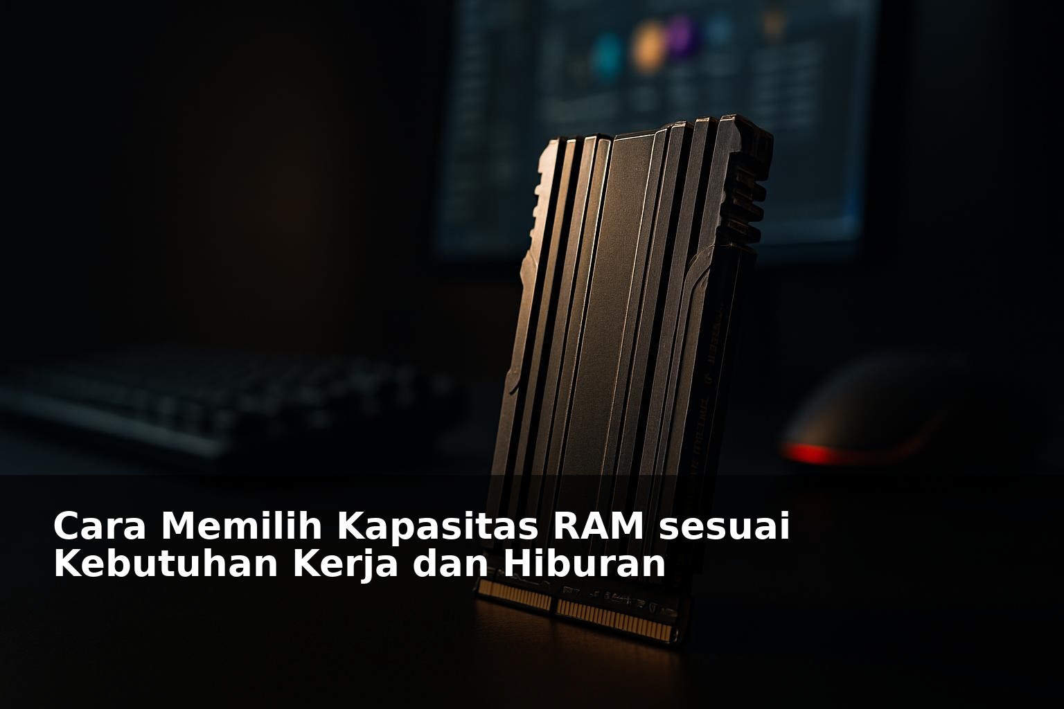 Ilustrasi modul RAM komputer dengan latar belakang perangkat kerja dan hiburan