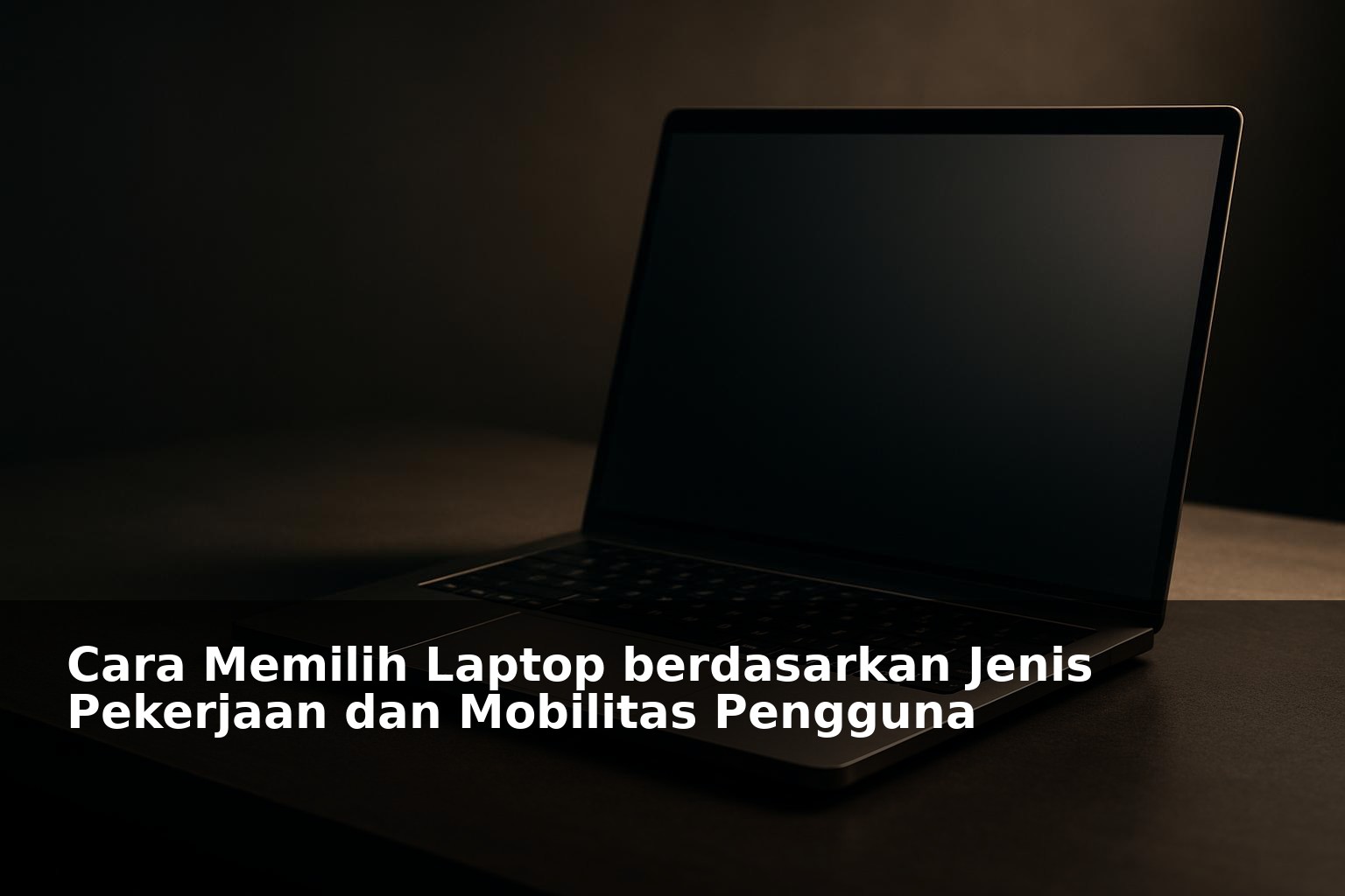 Laptop modern dengan latar belakang ruang kerja minimalis dan ruang kosong sisi kiri untuk teks