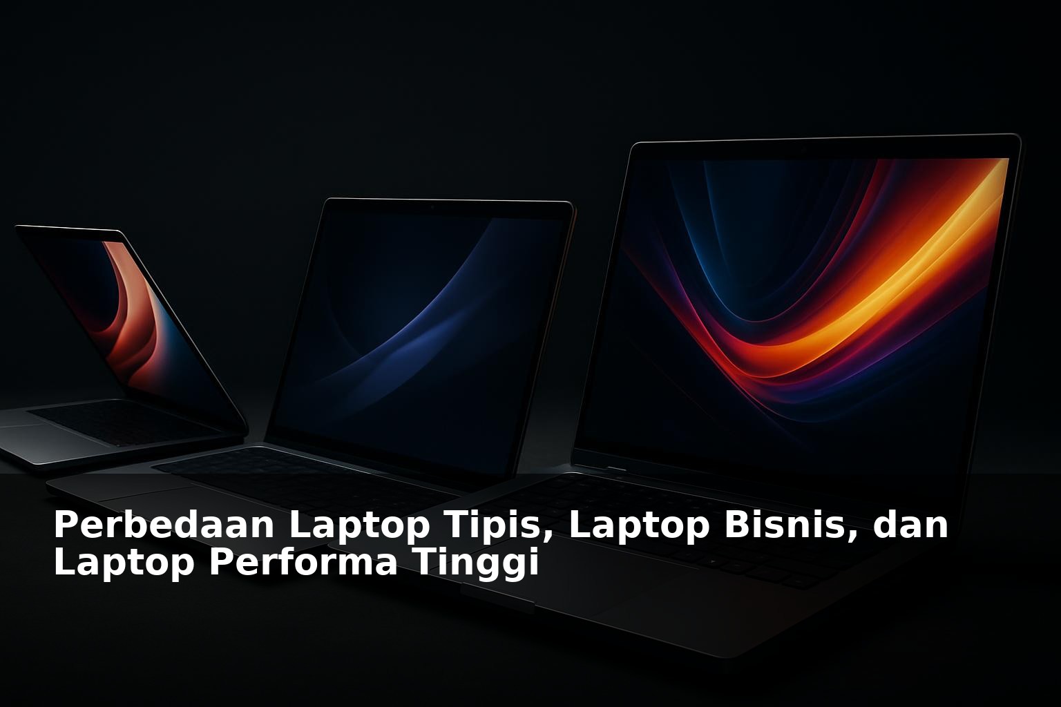 Tiga jenis laptop dengan desain berbeda yang menggambarkan laptop tipis, bisnis, dan performa tinggi