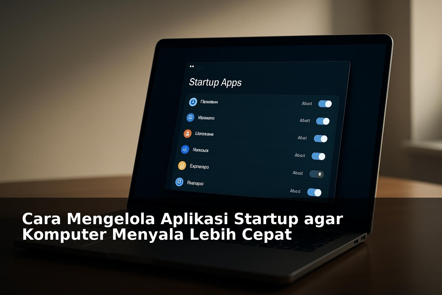 Ilustrasi laptop dengan aplikasi startup yang dikelola untuk mempercepat proses booting