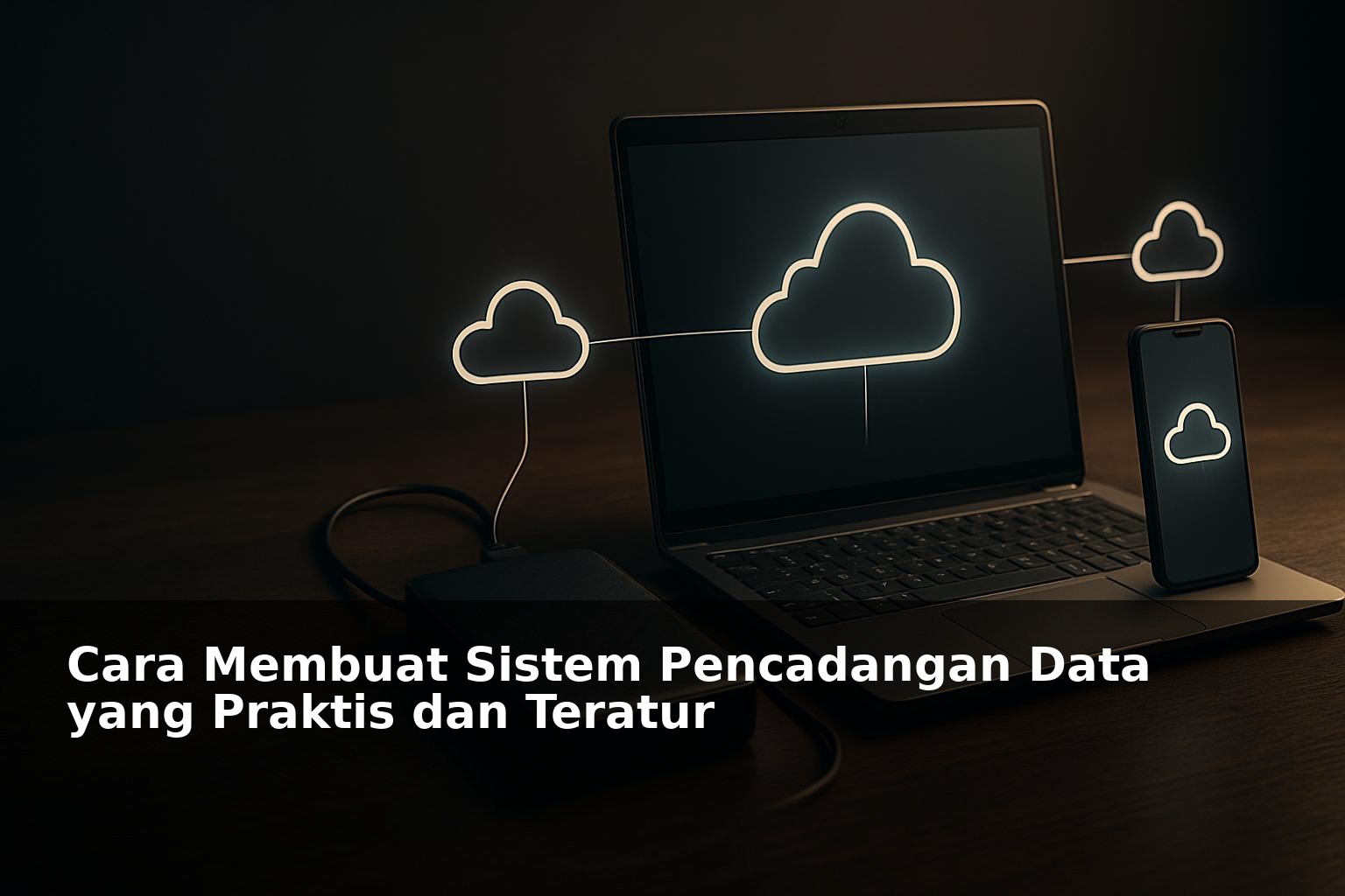 Ilustrasi sistem pencadangan data dengan perangkat digital dan penyimpanan awan